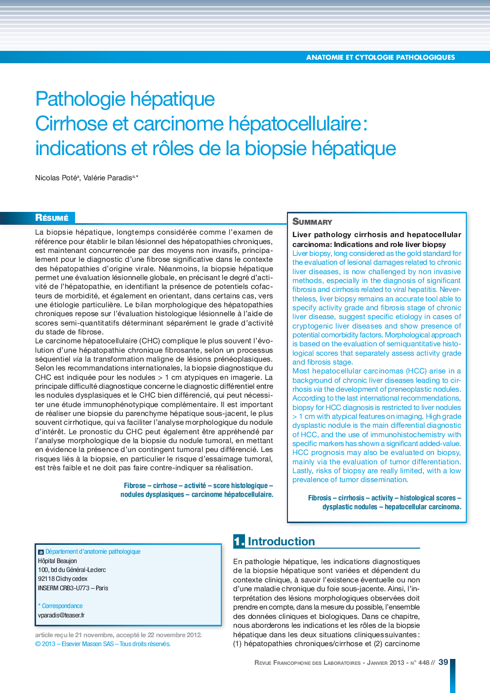 Pathologie hépatique Cirrhose et carcinome hépatocellulaire : indications et rÃ´les de la biopsie hépatique