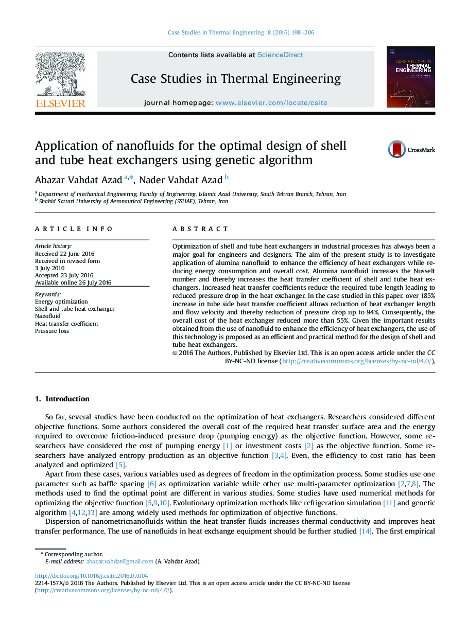 Application of nanofluids for the optimal design of shell and tube heat exchangers using genetic algorithm