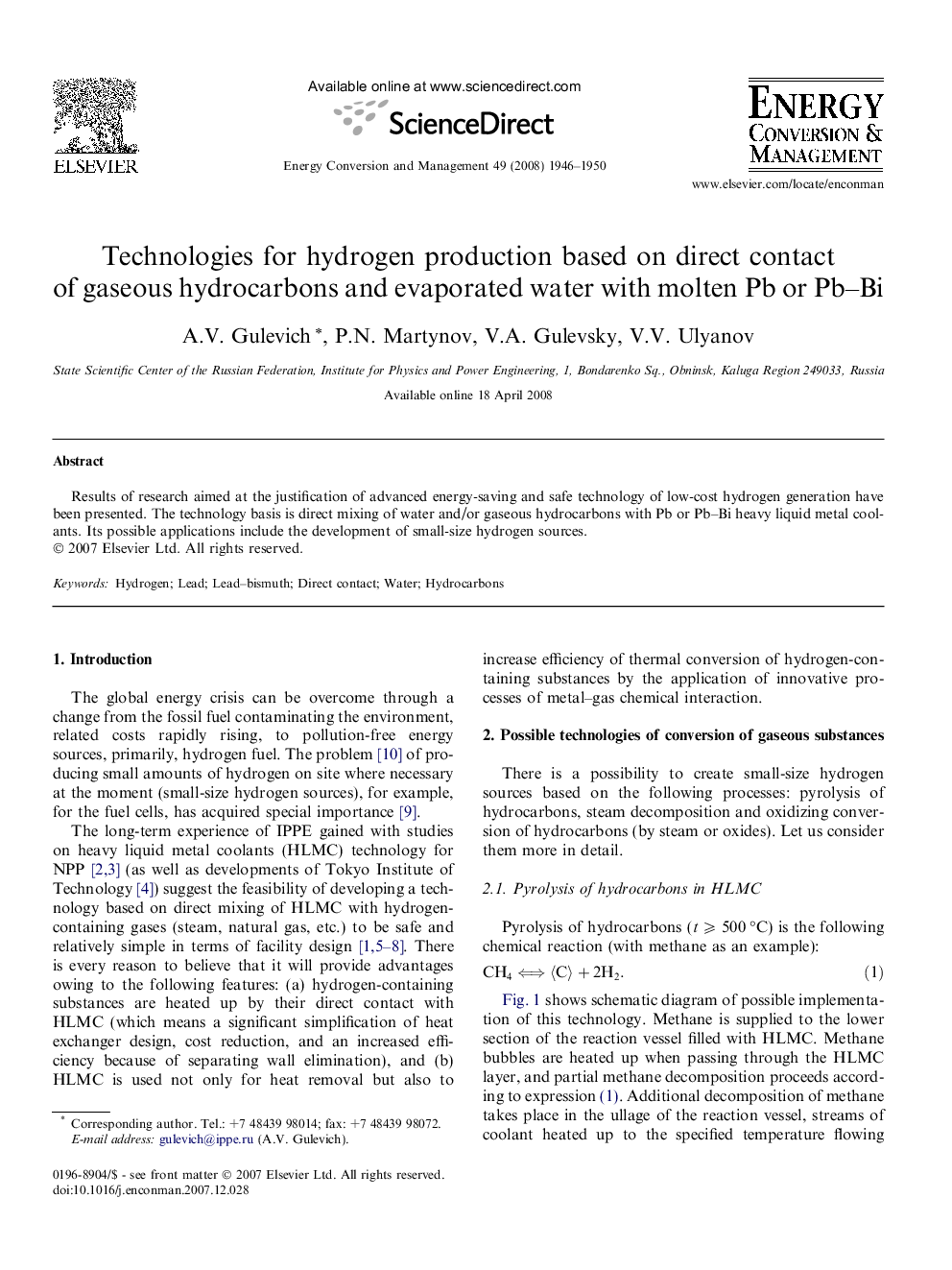 Technologies for hydrogen production based on direct contact of gaseous hydrocarbons and evaporated water with molten Pb or Pb–Bi