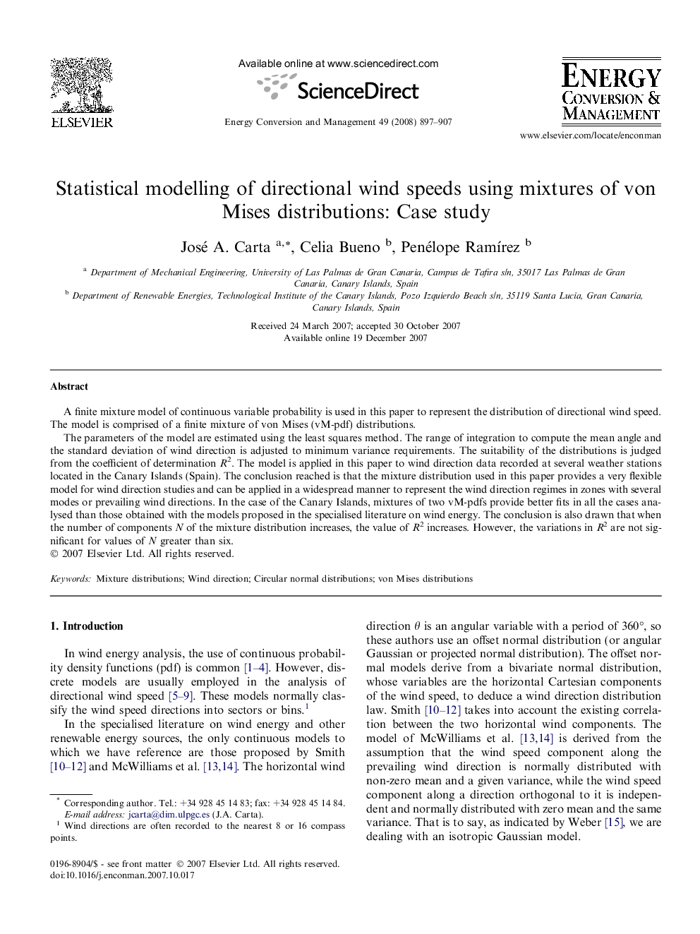 Statistical modelling of directional wind speeds using mixtures of von Mises distributions: Case study