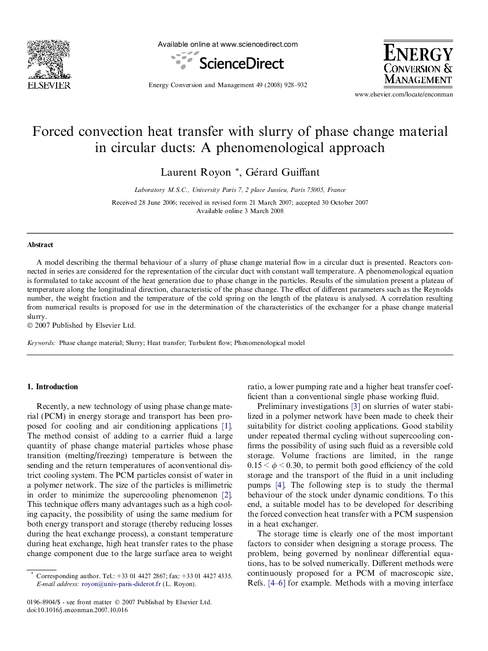 Forced convection heat transfer with slurry of phase change material in circular ducts: A phenomenological approach