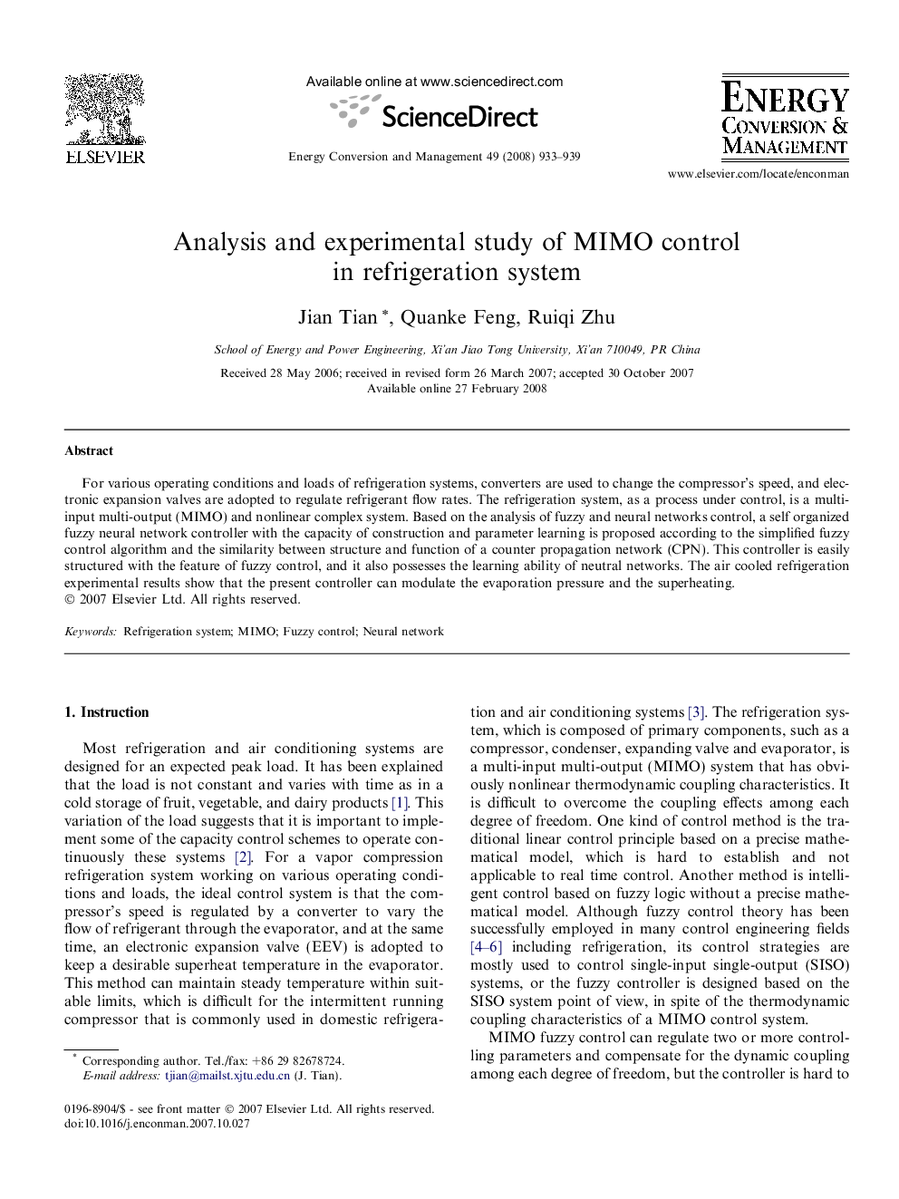 Analysis and experimental study of MIMO control in refrigeration system