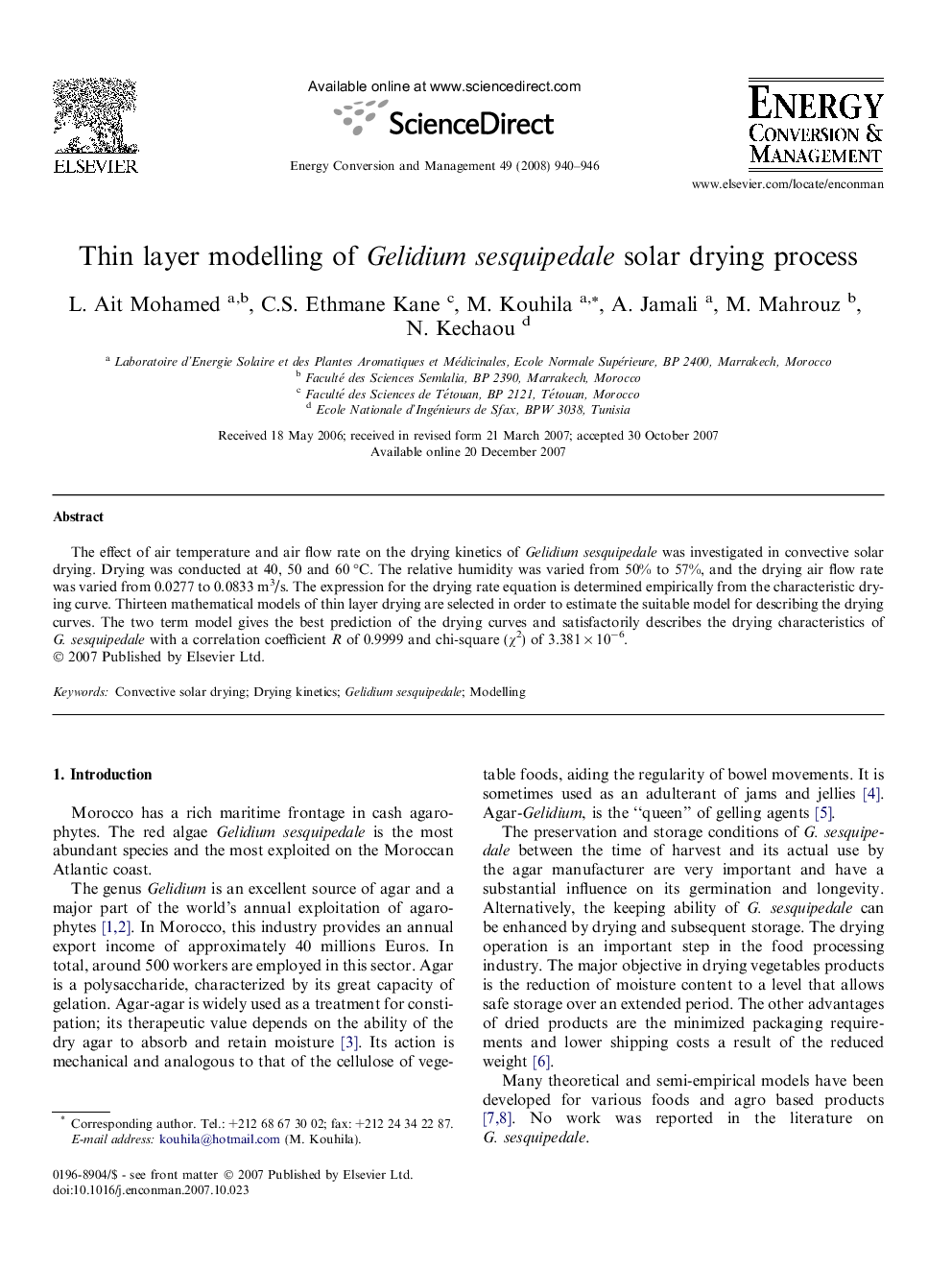 Thin layer modelling of Gelidium sesquipedale solar drying process