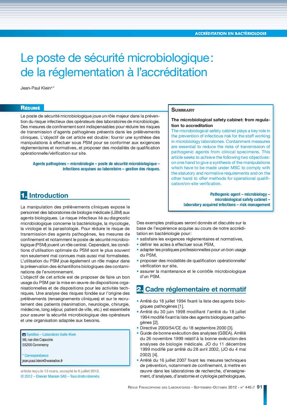 Le poste de sécurité microbiologique : de la réglementation Ã  l'accréditation