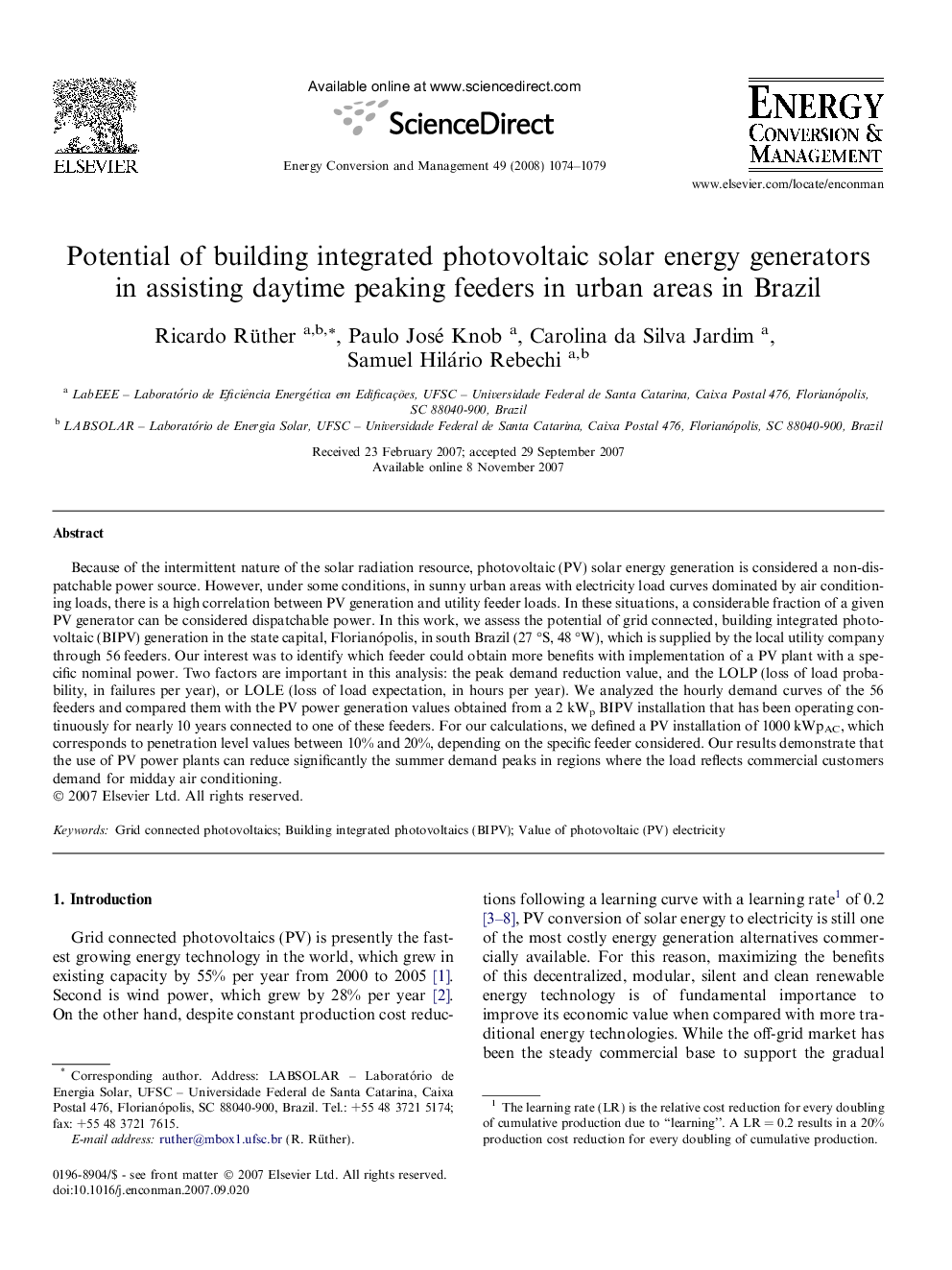 Potential of building integrated photovoltaic solar energy generators in assisting daytime peaking feeders in urban areas in Brazil