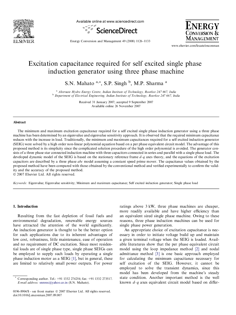 Excitation capacitance required for self excited single phase induction generator using three phase machine