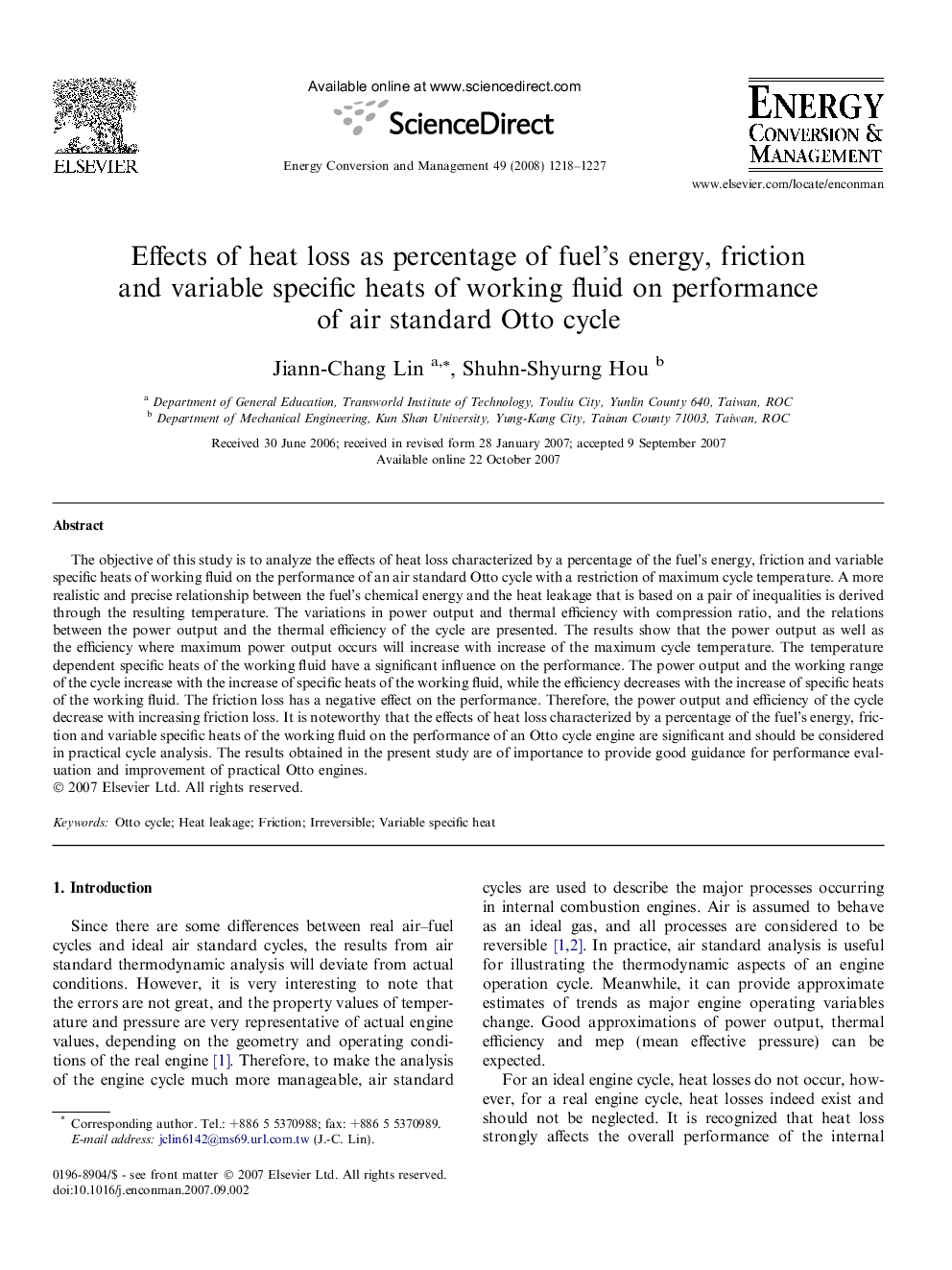 Effects of heat loss as percentage of fuel’s energy, friction and variable specific heats of working fluid on performance of air standard Otto cycle