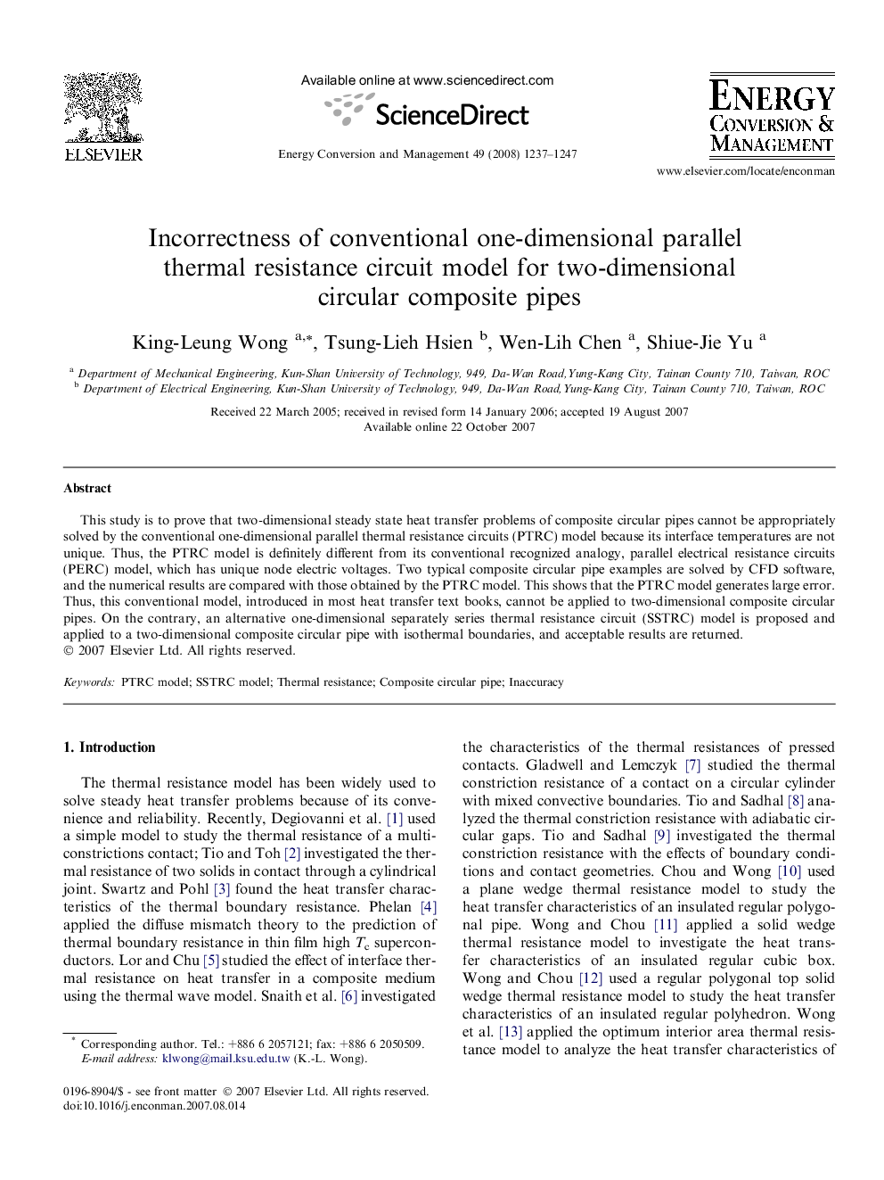 Incorrectness of conventional one-dimensional parallel thermal resistance circuit model for two-dimensional circular composite pipes