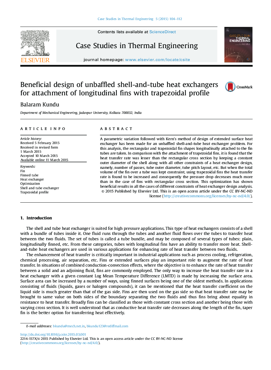 Beneficial design of unbaffled shell-and-tube heat exchangers for attachment of longitudinal fins with trapezoidal profile