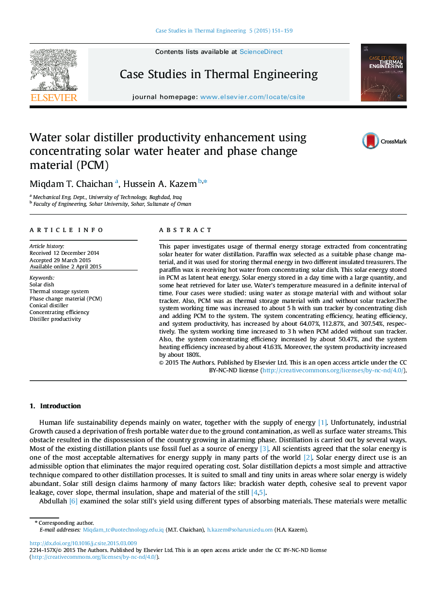 Water solar distiller productivity enhancement using concentrating solar water heater and phase change material (PCM)