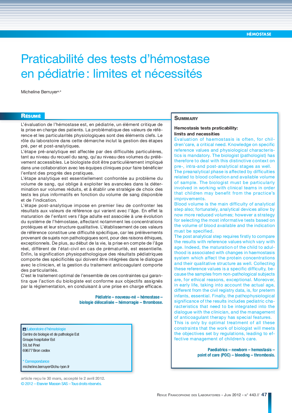 Praticabilité des tests d'hémostase en pédiatrie: limites et nécessitésa