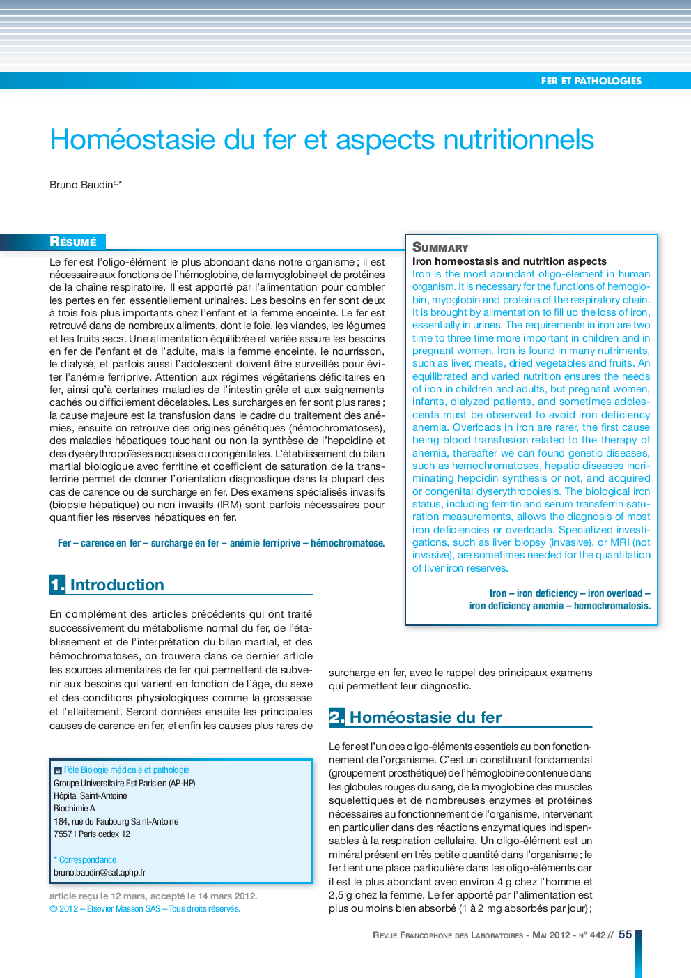 Homéostasie du fer et aspects nutritionnels