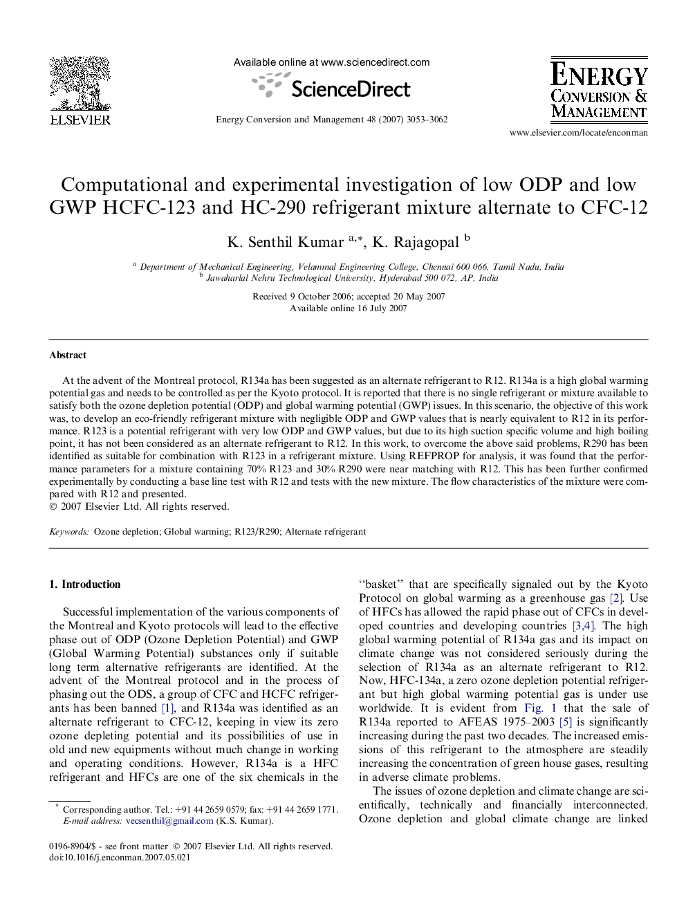 Computational and experimental investigation of low ODP and low GWP HCFC-123 and HC-290 refrigerant mixture alternate to CFC-12