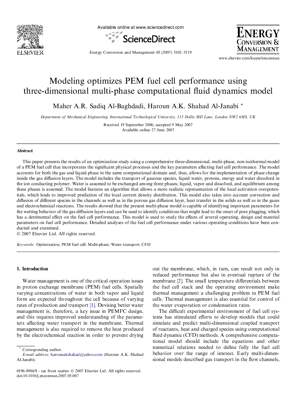 Modeling optimizes PEM fuel cell performance using three-dimensional multi-phase computational fluid dynamics model