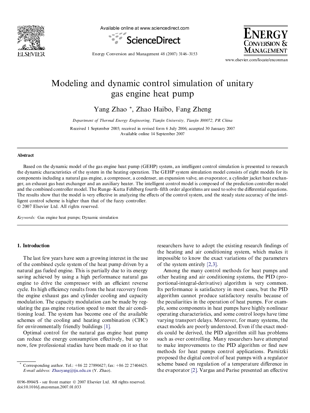 Modeling and dynamic control simulation of unitary gas engine heat pump