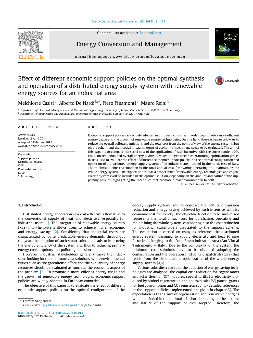 Effect of different economic support policies on the optimal synthesis and operation of a distributed energy supply system with renewable energy sources for an industrial area