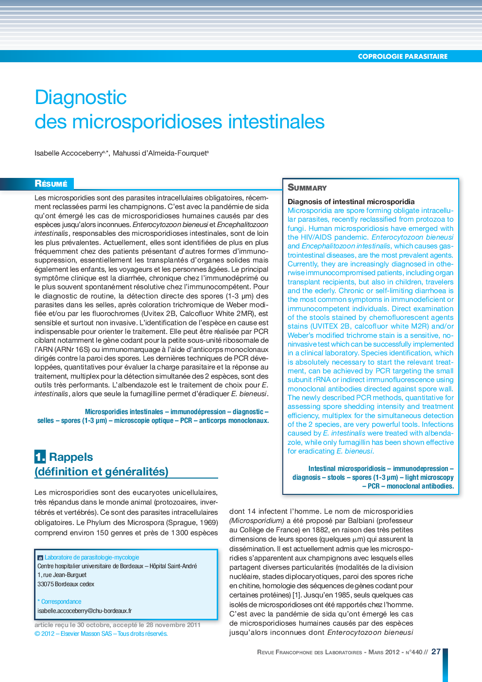 Diagnostic des microsporidioses intestinales