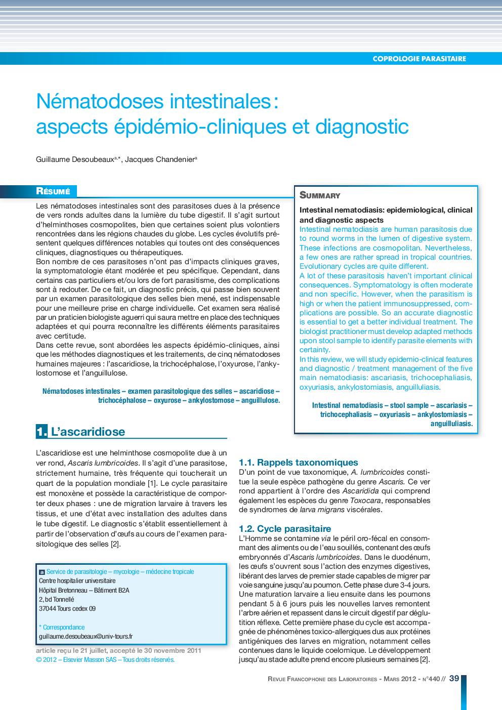 Nématodoses intestinales: aspects épidémio-cliniques et diagnostic