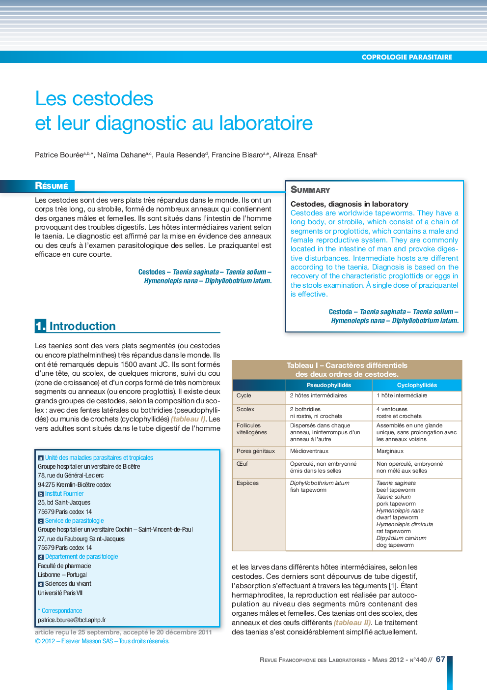 Les cestodes et leur diagnostic au laboratoire