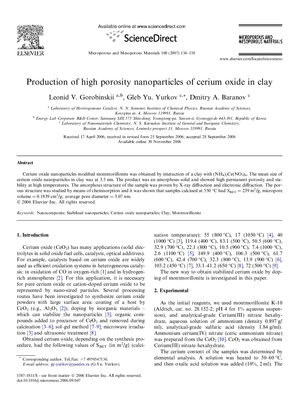 Production of high porosity nanoparticles of cerium oxide in clay