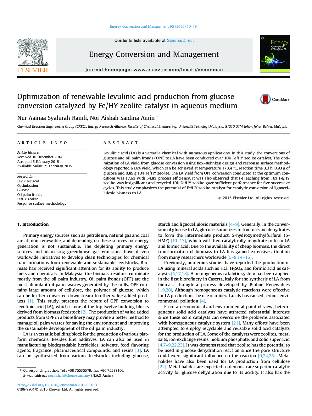 Optimization of renewable levulinic acid production from glucose conversion catalyzed by Fe/HY zeolite catalyst in aqueous medium