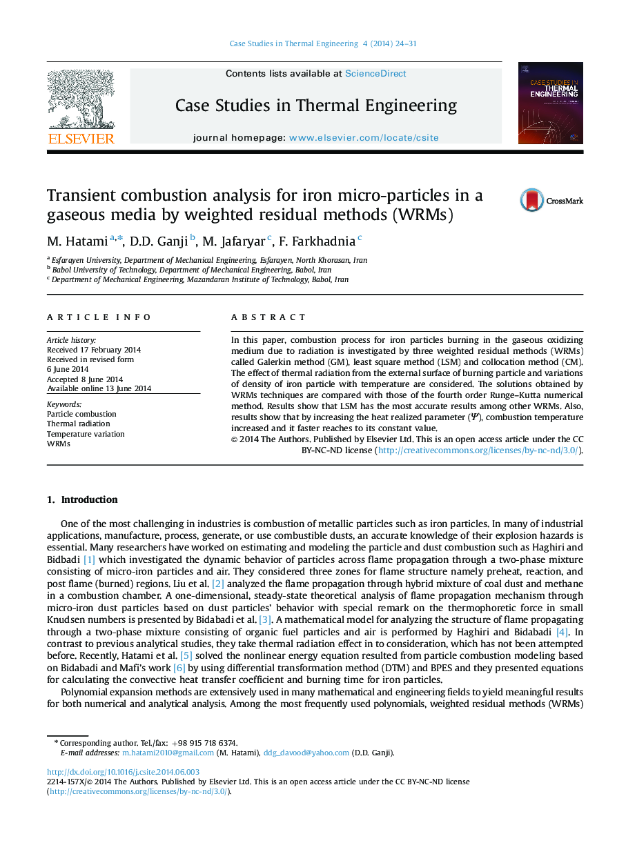 Transient combustion analysis for iron micro-particles in a gaseous media by weighted residual methods (WRMs)