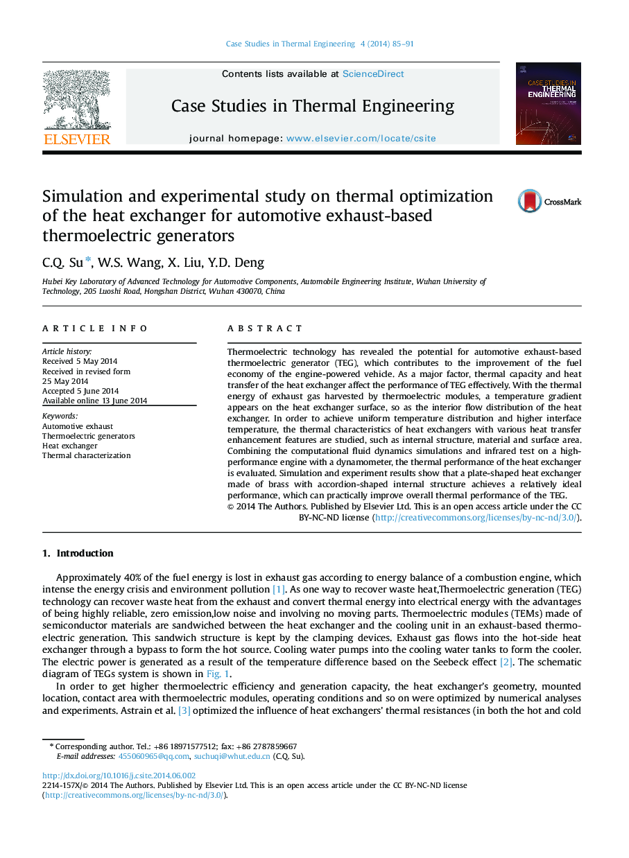 Simulation and experimental study on thermal optimization of the heat exchanger for automotive exhaust-based thermoelectric generators