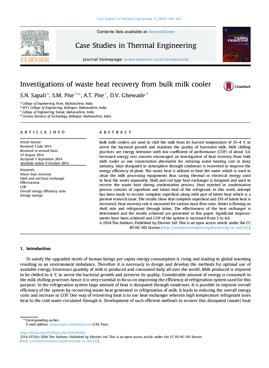 Investigations of waste heat recovery from bulk milk cooler