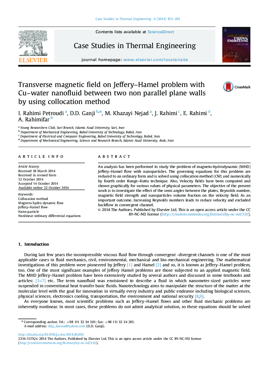 Transverse magnetic field on Jeffery–Hamel problem with Cu–water nanofluid between two non parallel plane walls by using collocation method