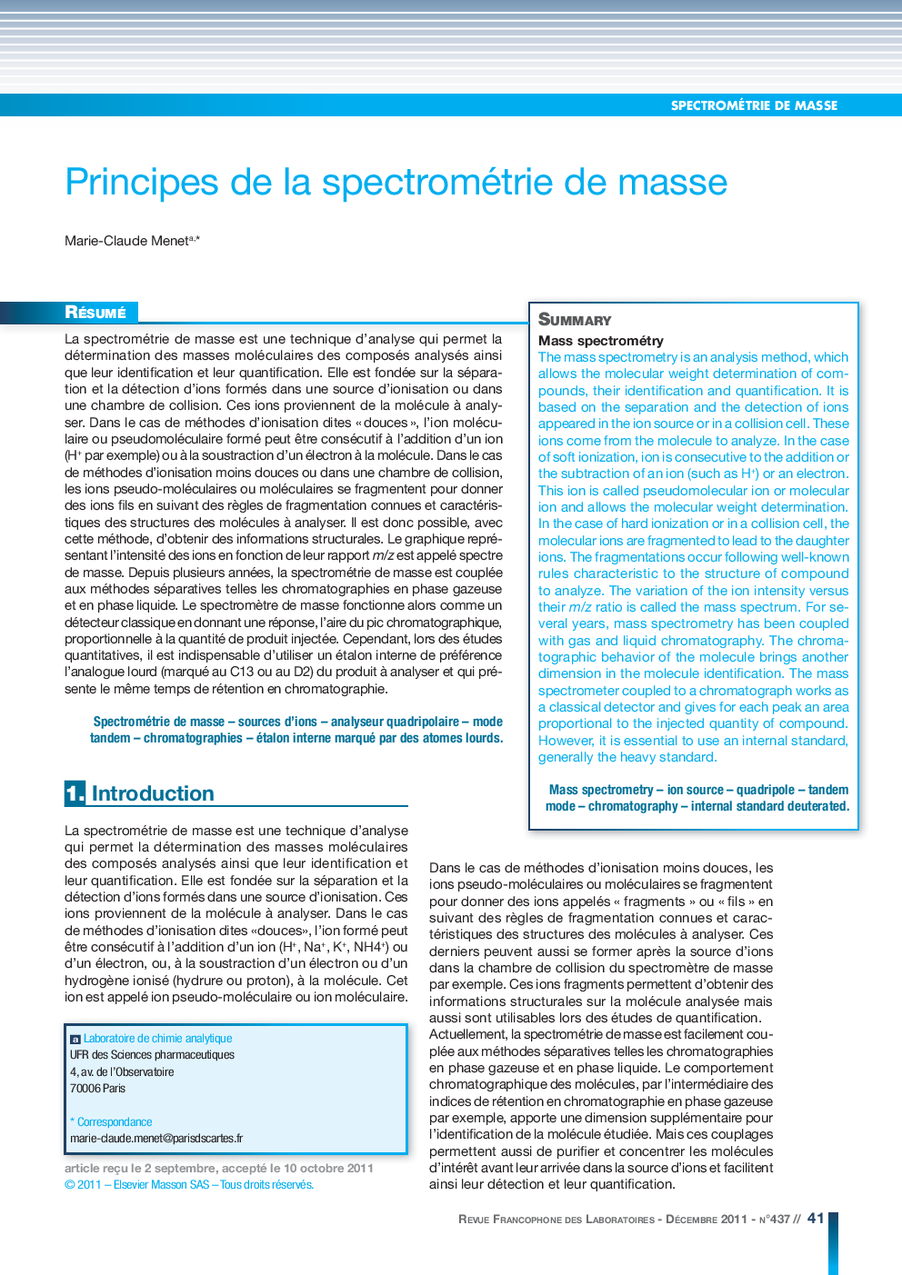 Principes de la spectrométrie de masse