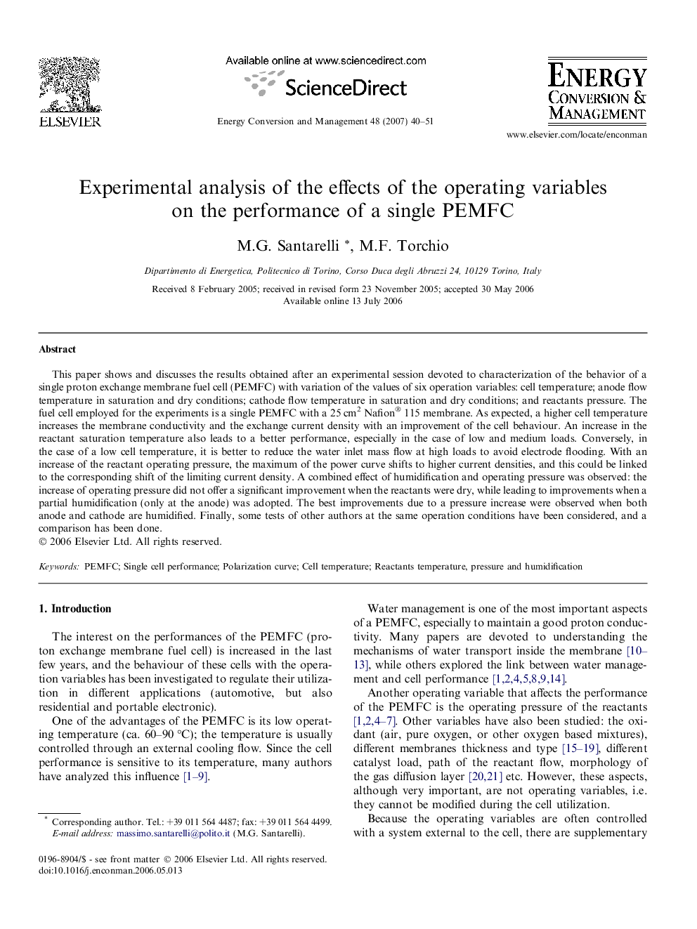 Experimental analysis of the effects of the operating variables on the performance of a single PEMFC