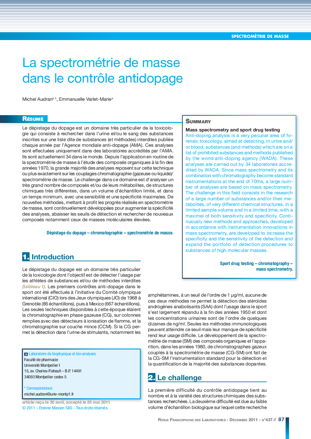 La spectrométrie de masse dans le contrÃ´le antidopage