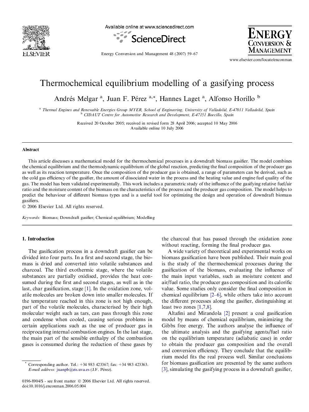 Thermochemical equilibrium modelling of a gasifying process