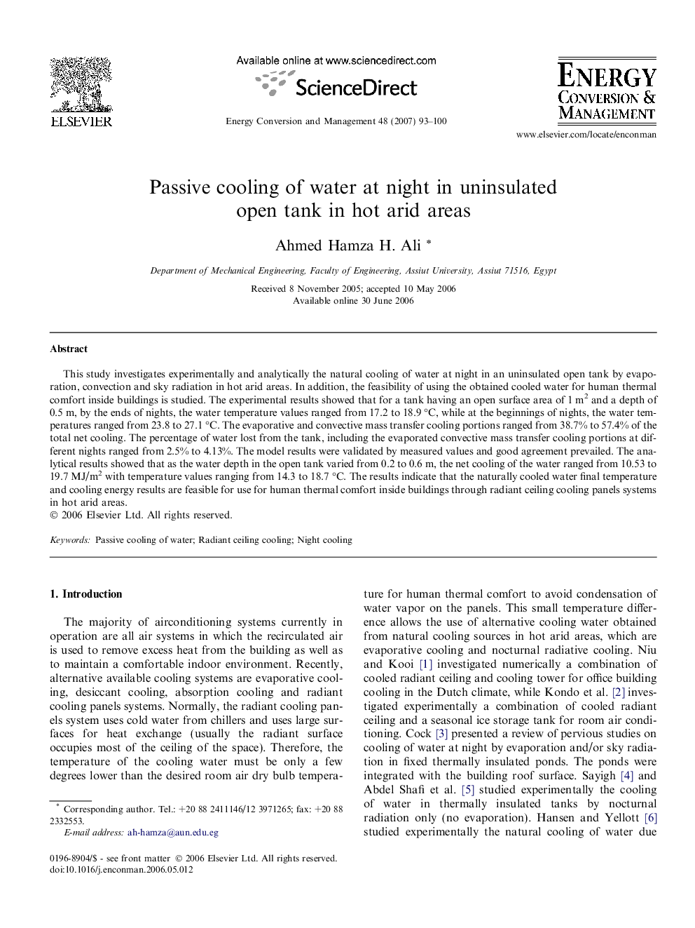 Passive cooling of water at night in uninsulated open tank in hot arid areas