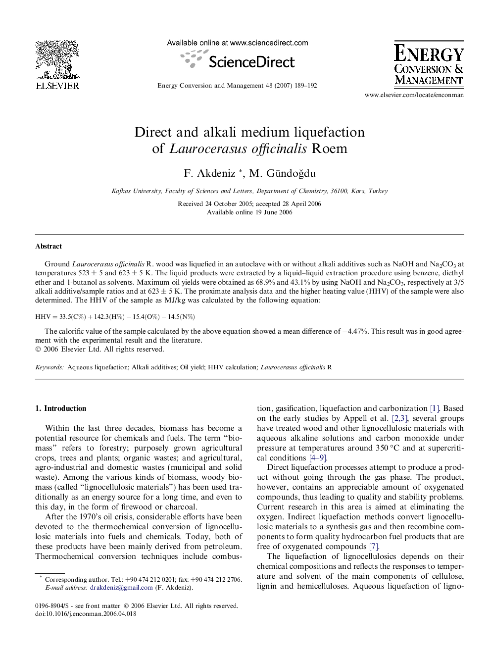 Direct and alkali medium liquefaction of Laurocerasus officinalis Roem