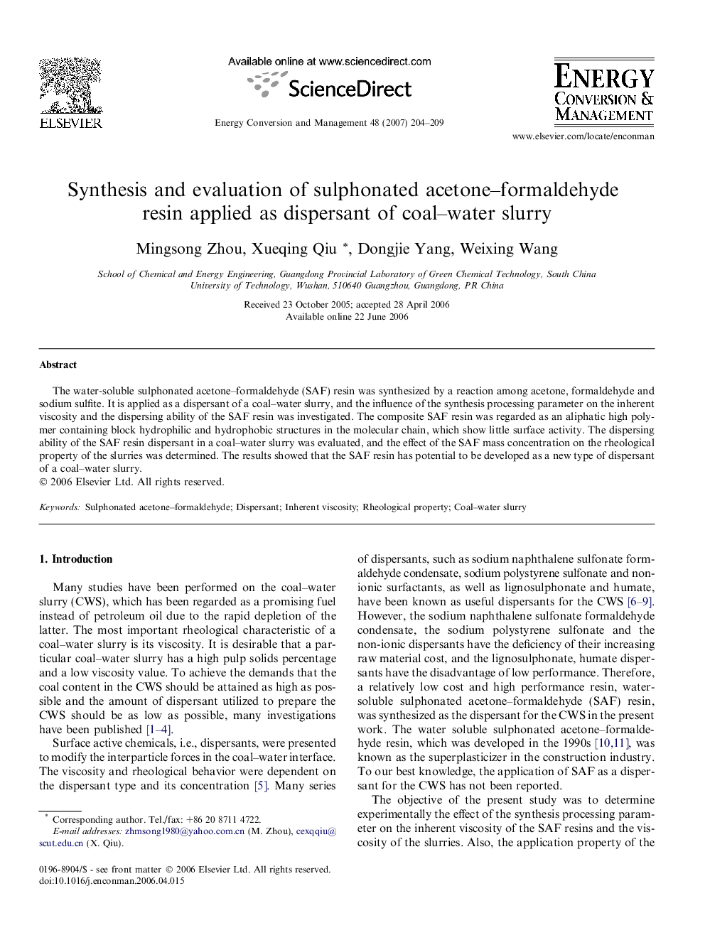 Synthesis and evaluation of sulphonated acetone–formaldehyde resin applied as dispersant of coal–water slurry