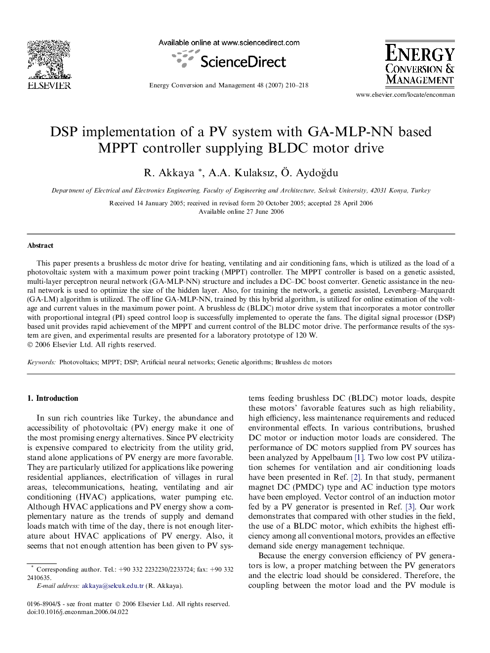 DSP implementation of a PV system with GA-MLP-NN based MPPT controller supplying BLDC motor drive