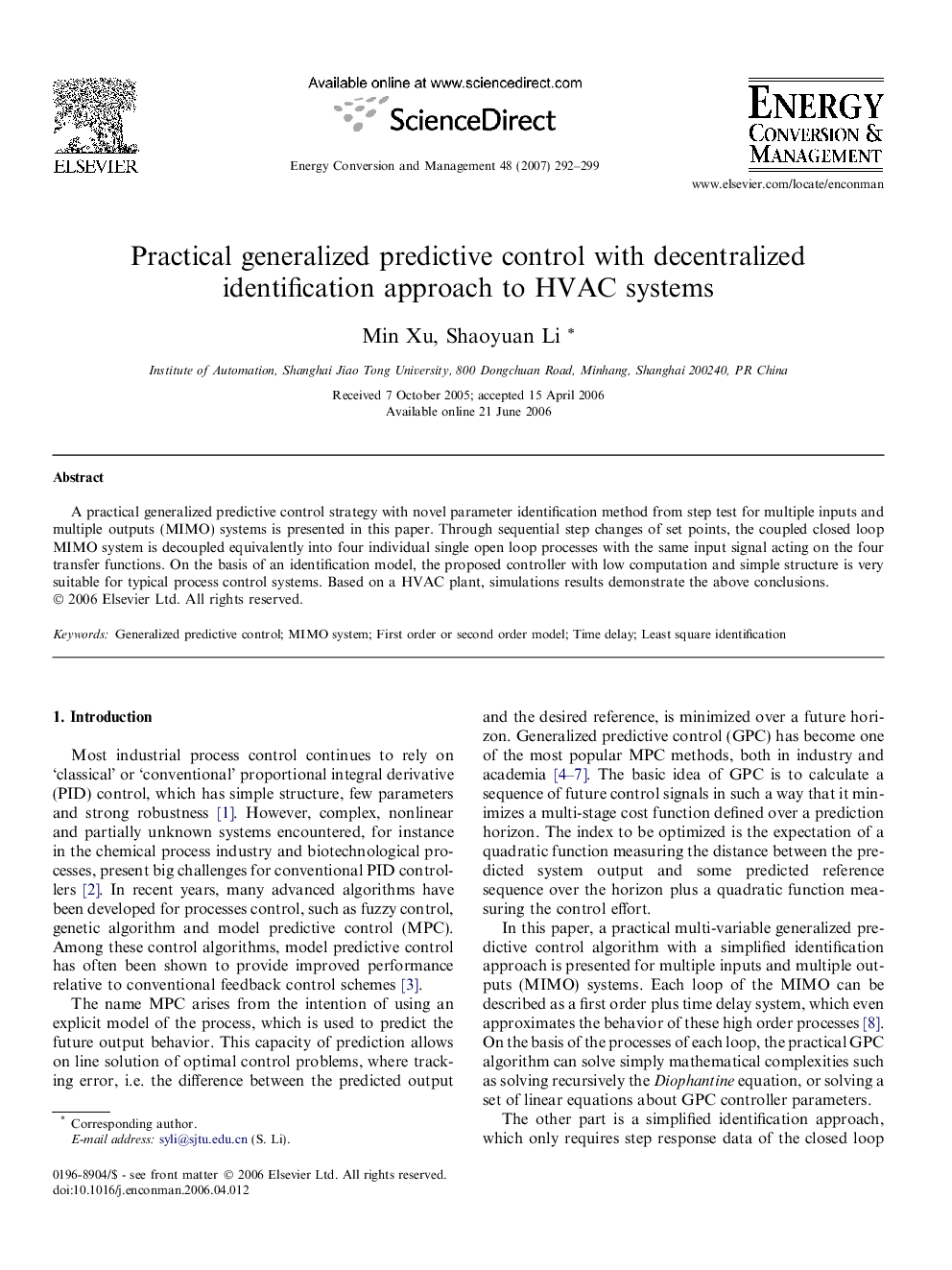 Practical generalized predictive control with decentralized identification approach to HVAC systems