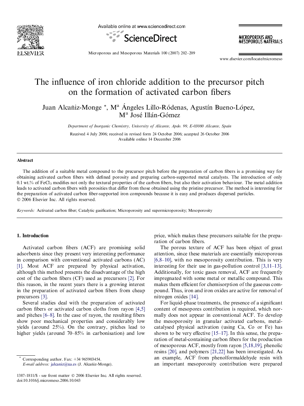 The influence of iron chloride addition to the precursor pitch on the formation of activated carbon fibers