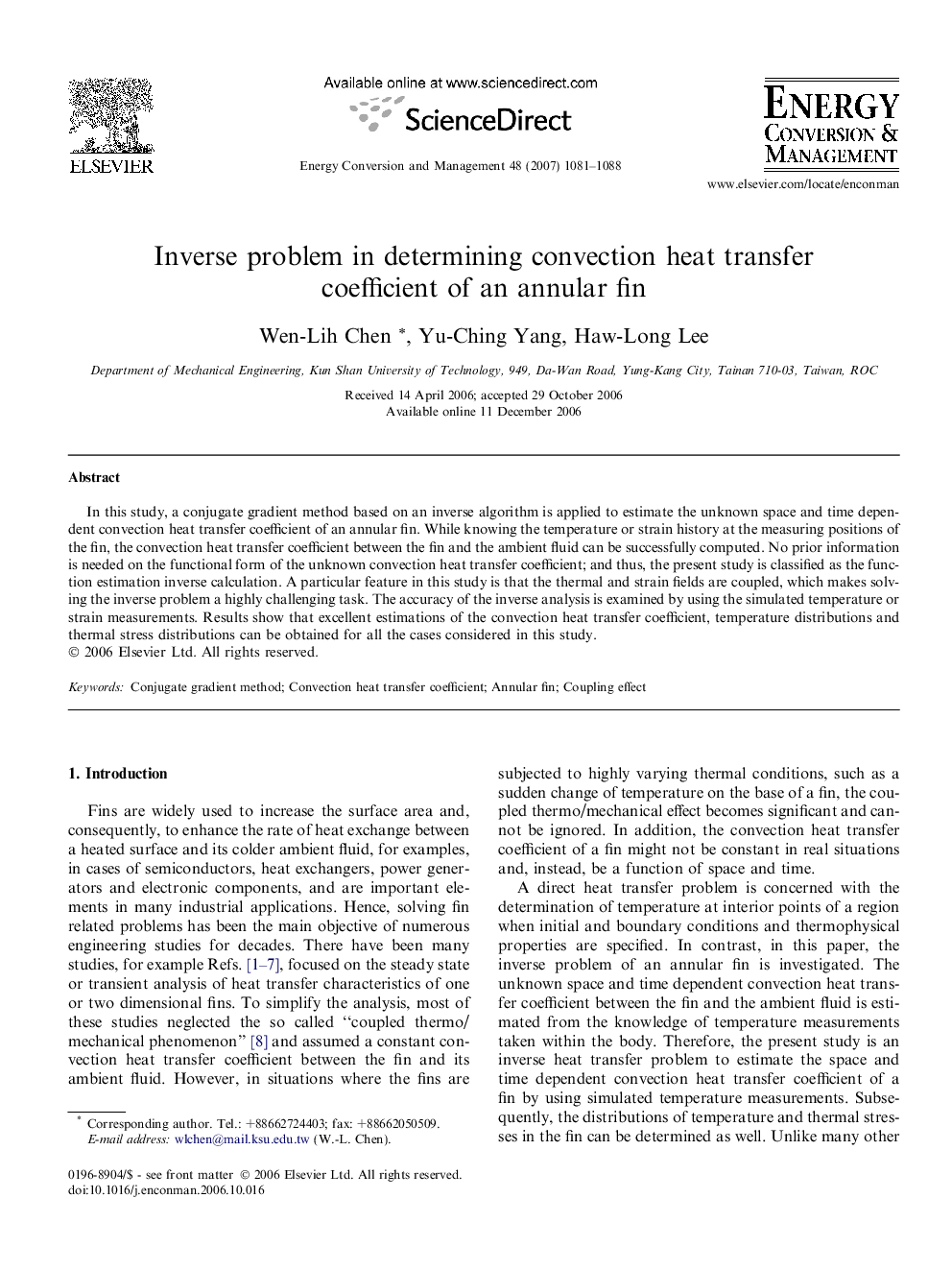 Inverse problem in determining convection heat transfer coefficient of an annular fin