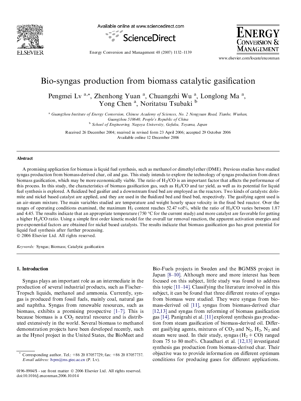 Bio-syngas production from biomass catalytic gasification