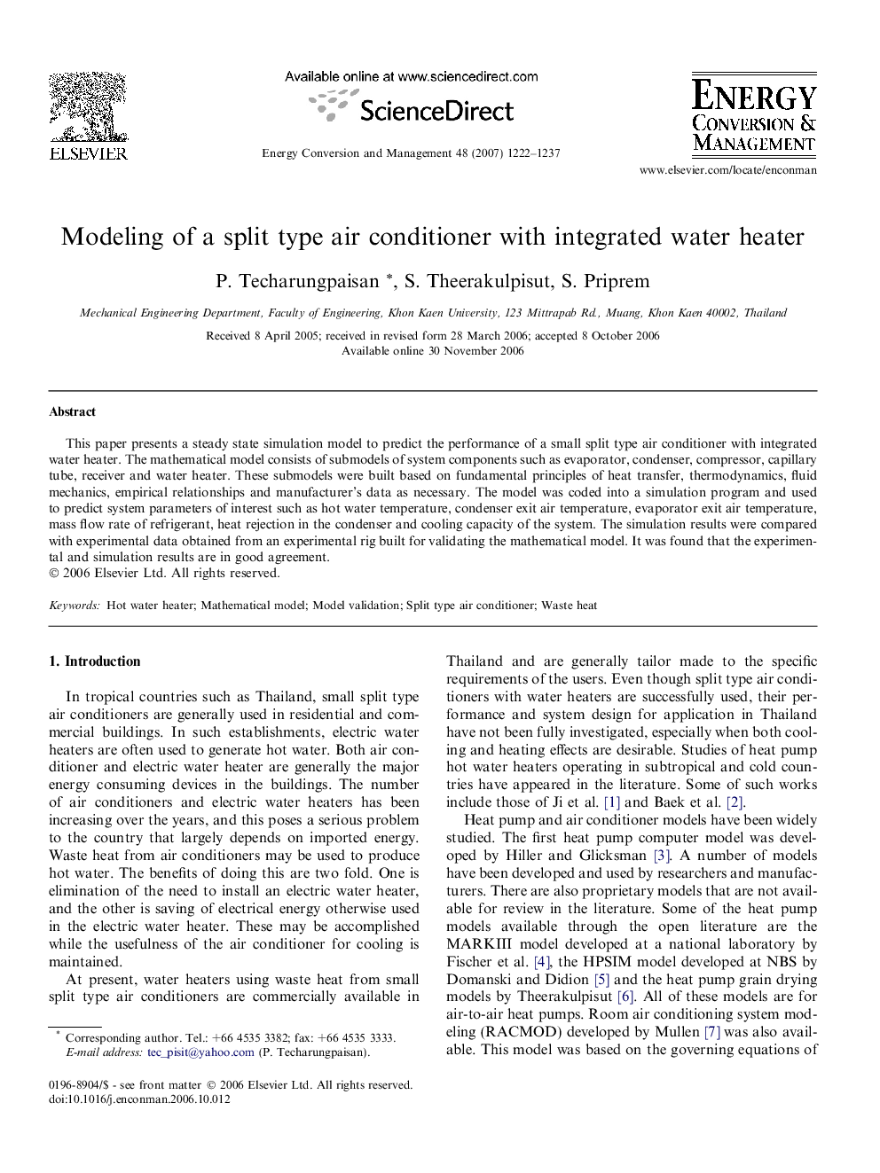 Modeling of a split type air conditioner with integrated water heater