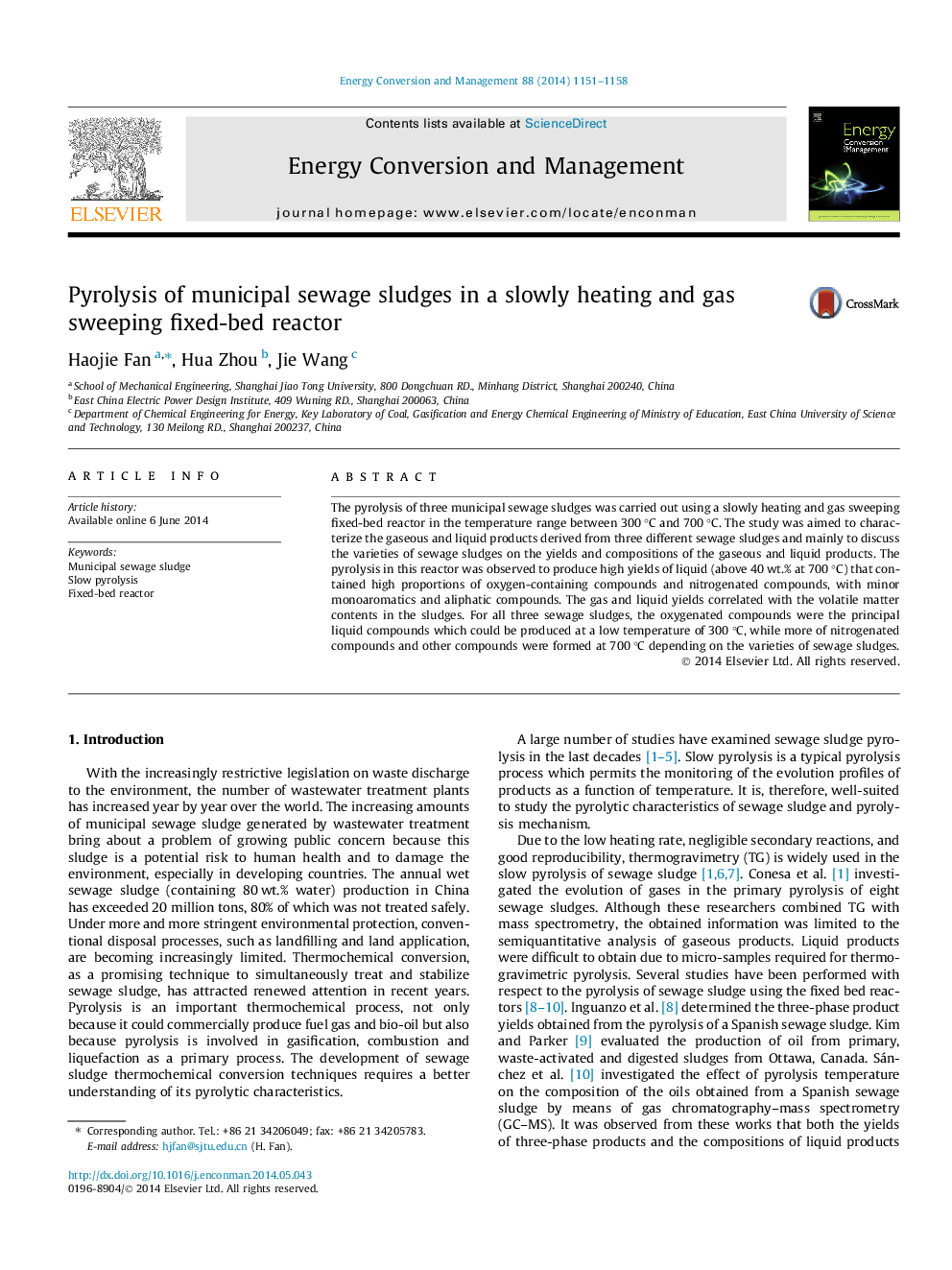 Pyrolysis of municipal sewage sludges in a slowly heating and gas sweeping fixed-bed reactor