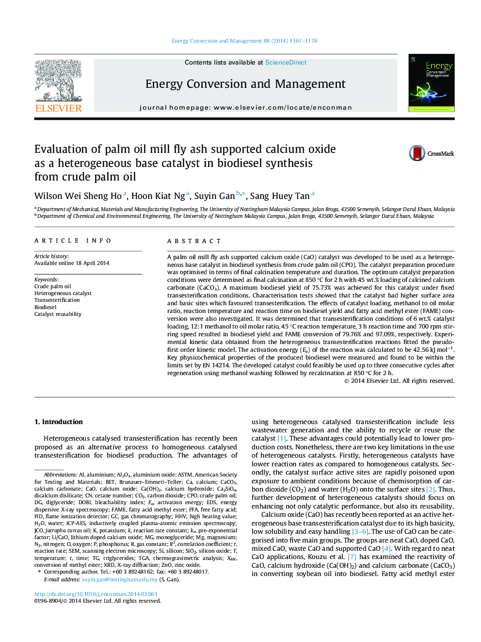 Evaluation of palm oil mill fly ash supported calcium oxide as a heterogeneous base catalyst in biodiesel synthesis from crude palm oil