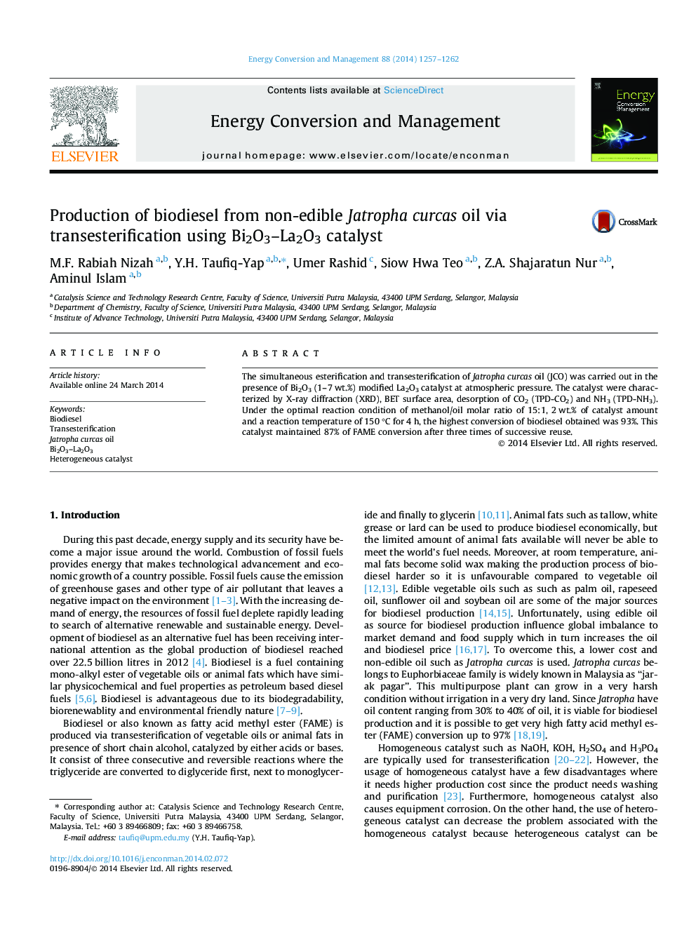 Production of biodiesel from non-edible Jatropha curcas oil via transesterification using Bi2O3–La2O3 catalyst