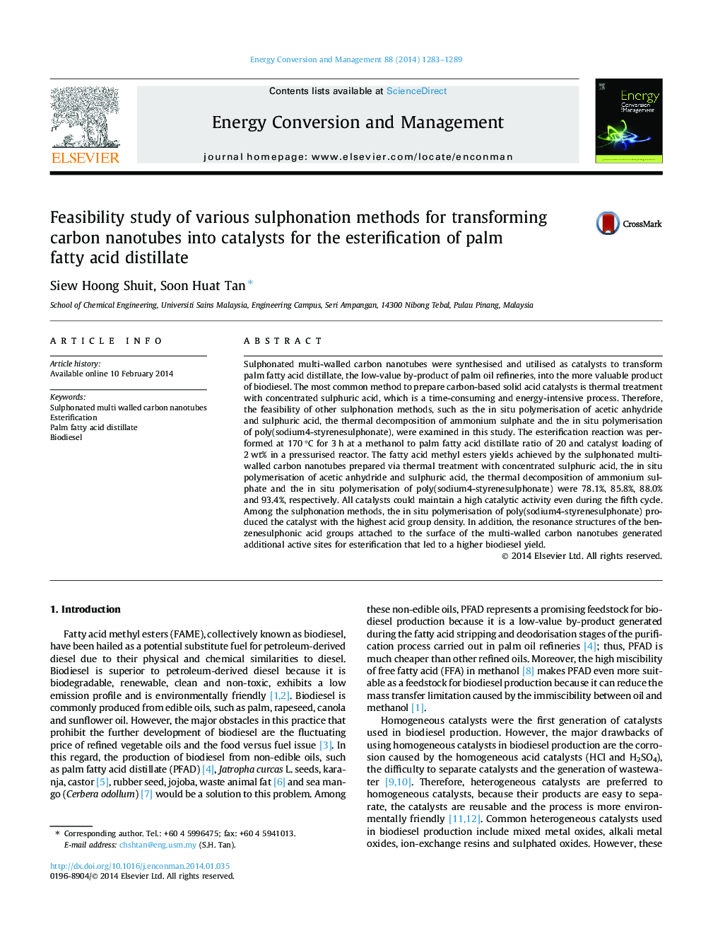 Feasibility study of various sulphonation methods for transforming carbon nanotubes into catalysts for the esterification of palm fatty acid distillate