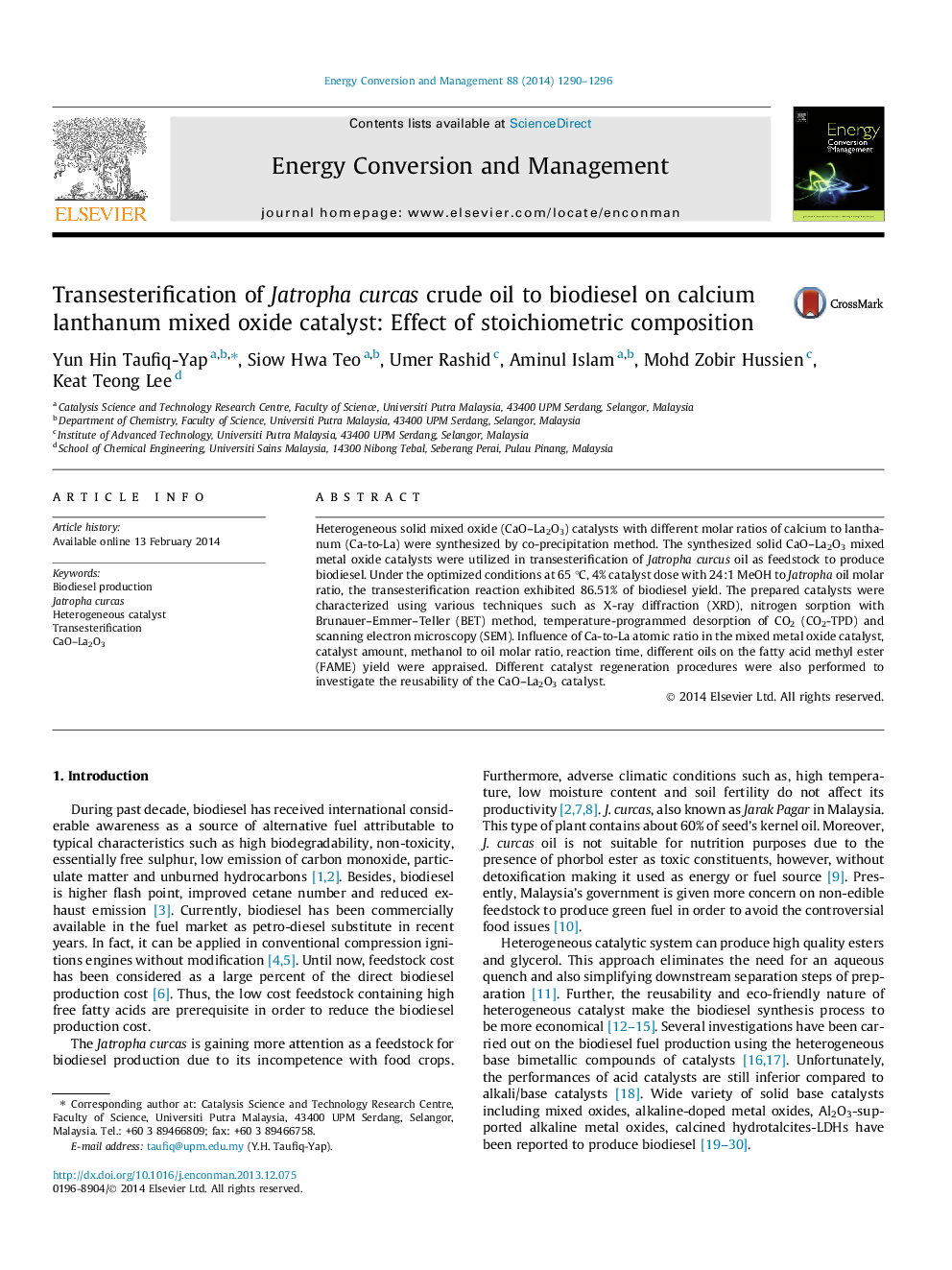 Transesterification of Jatropha curcas crude oil to biodiesel on calcium lanthanum mixed oxide catalyst: Effect of stoichiometric composition