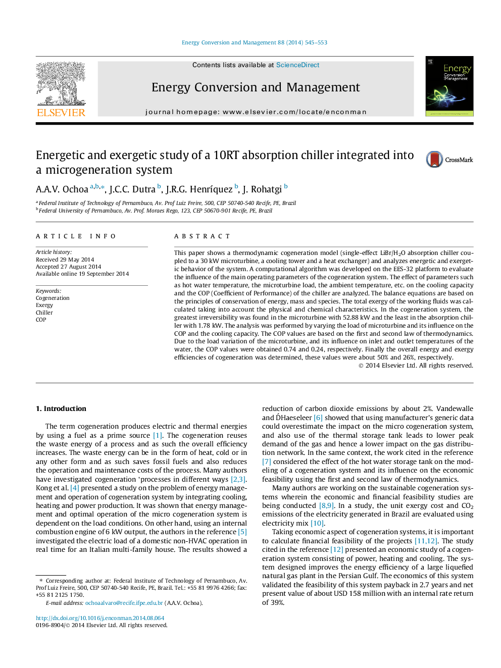 Energetic and exergetic study of a 10RT absorption chiller integrated into a microgeneration system