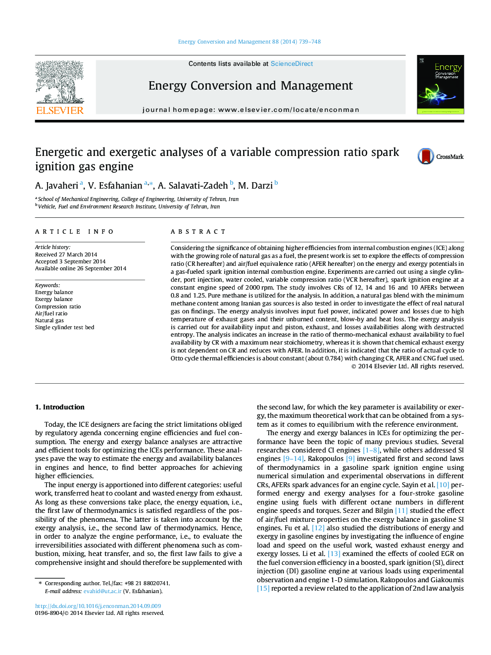 Energetic and exergetic analyses of a variable compression ratio spark ignition gas engine