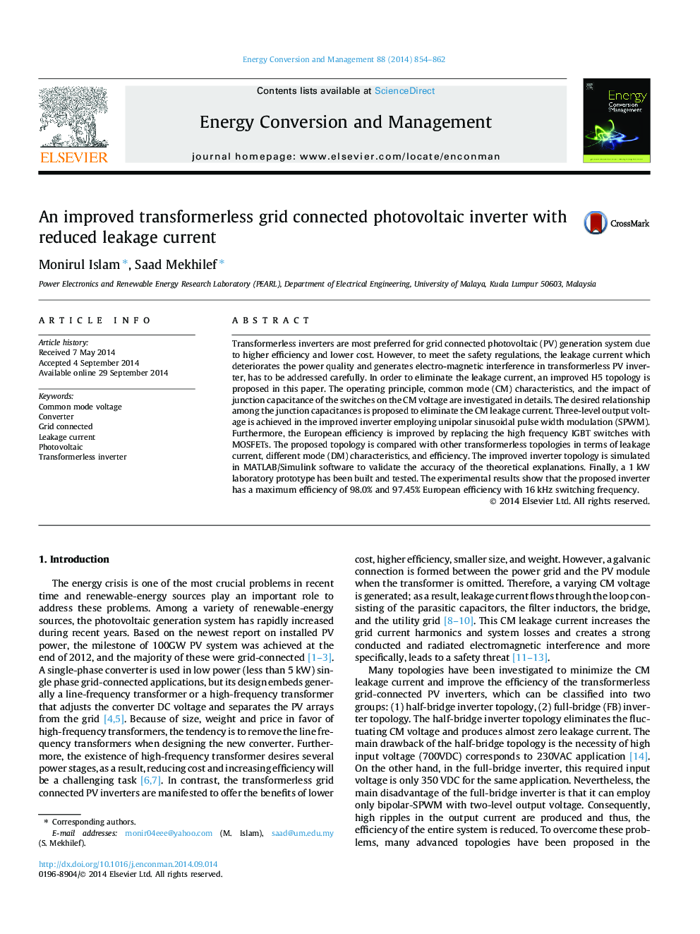 An improved transformerless grid connected photovoltaic inverter with reduced leakage current